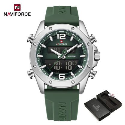 NAVIFORCE Men Quartz LCD Dual Display Watch With Silicone Strap 3ATM Waterproof Shockproof Night Light Round Case Sport Casual