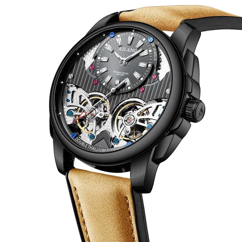 AILANG Automatic Mechanical Waterproof Sport Military Men Watch Luxury Double Tourbillon Man Wristwatch Leather Strap