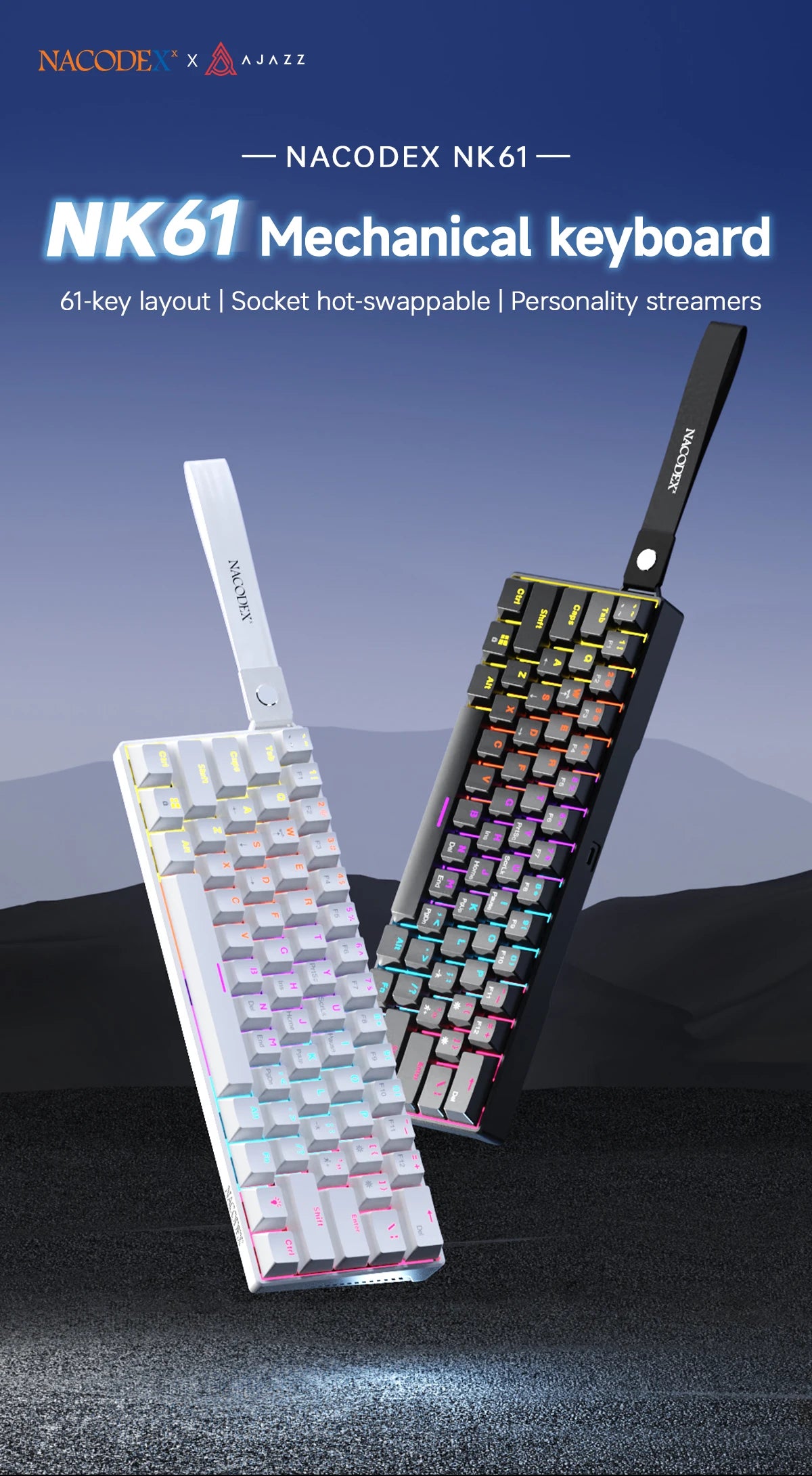 Ajazz NK61 Wired Mechanical Keyboard 60% Mixed Color RGB Hot-Swap 61 Keys Gaming Keyboard Rad Switch for Esports Gamers