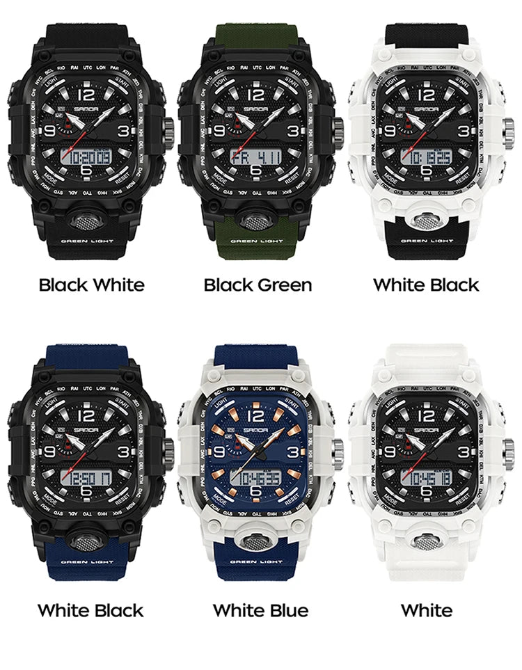 SANDA 6310 Men's Electronic Watch Multifunctional Luminous Alarm Clock Calendar Stopwatch Dual Display Digital Watches for Man