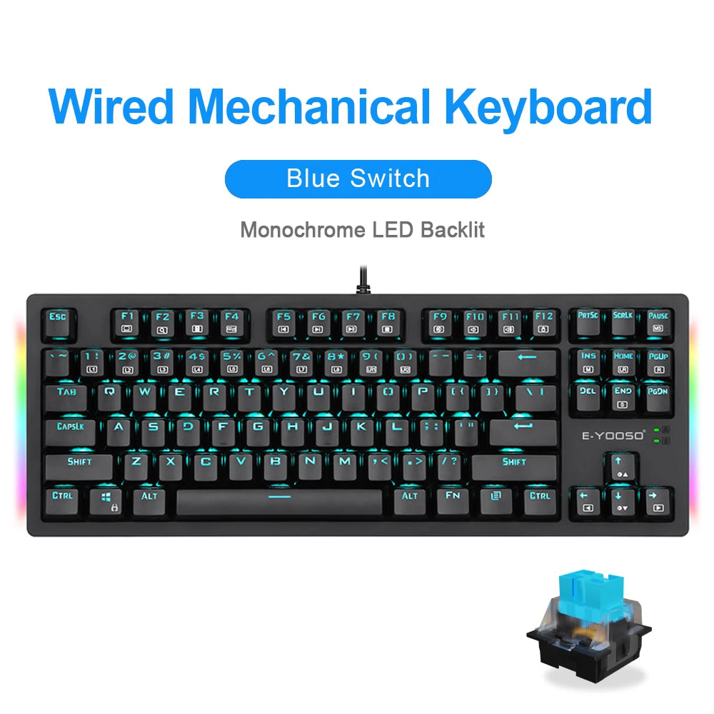 E-YOOSO K620 USB Mechanical Gaming Keyboard Wired Blue Red Switch Monochrome LED Backlit 87 Key for Compute Laptop PC