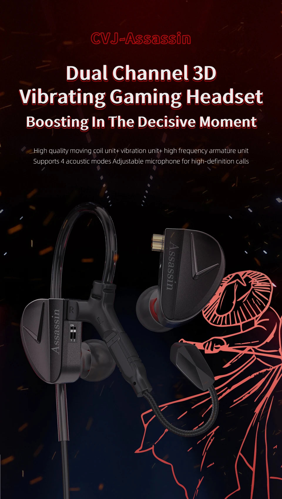 CVJ Assassin Hybrid Gaming Earphones 1DD+1BA Vibration Driver Wired HiFi Headphones with Mic, Type-C & 3.5mm In-Ear Gaming Earphones for E-Sports