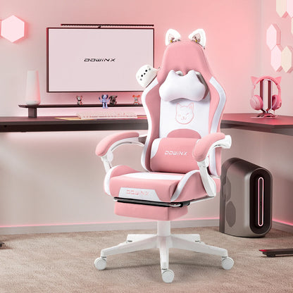 Cute Gaming Chair with Cat Ears, Pink Kawaii Ergonomic Gamer Chair with Footrest, Cat Paw Lumbar Support, High Back Computer Gaming Chair