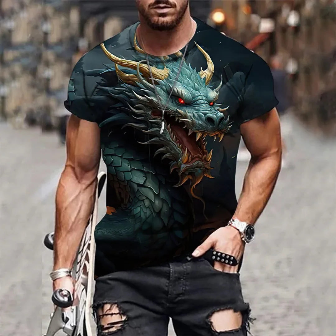 Summer New Men's O-neck T-shirt Flame Magic Dragon 3D Print Casual Breathable Lightweight Versatile Design Short Sleeve Manswear
