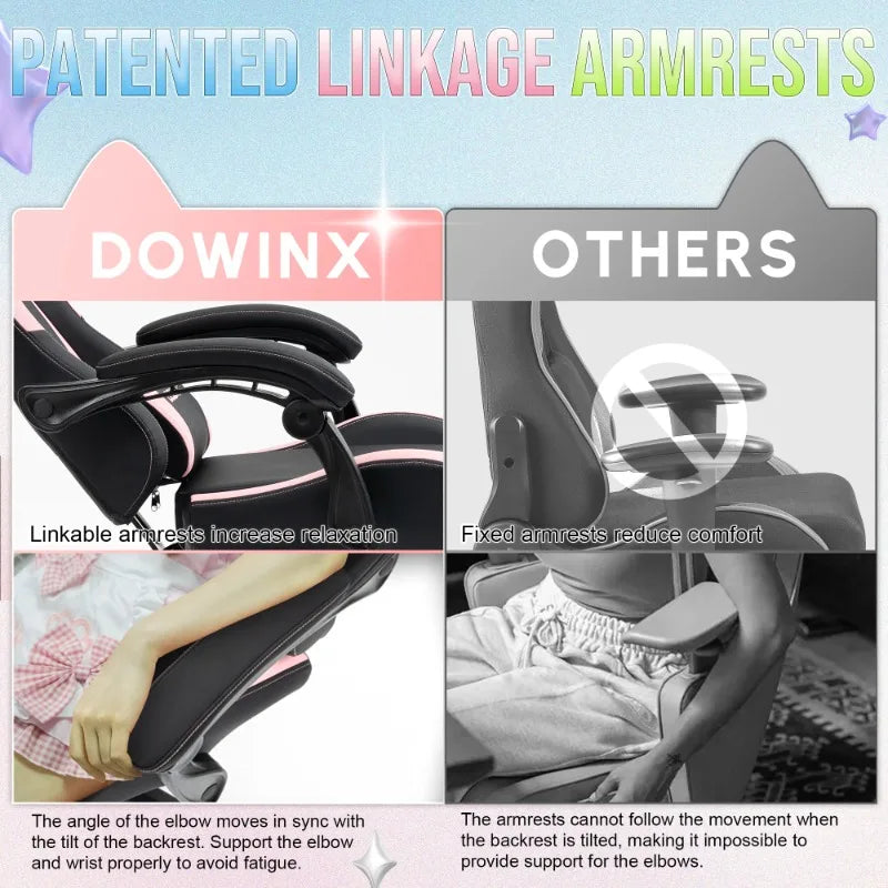 Cute Gaming Chair with Cat Ears, Pink Kawaii Ergonomic Gamer Chair with Footrest, Cat Paw Lumbar Support, High Back Computer Gaming Chair