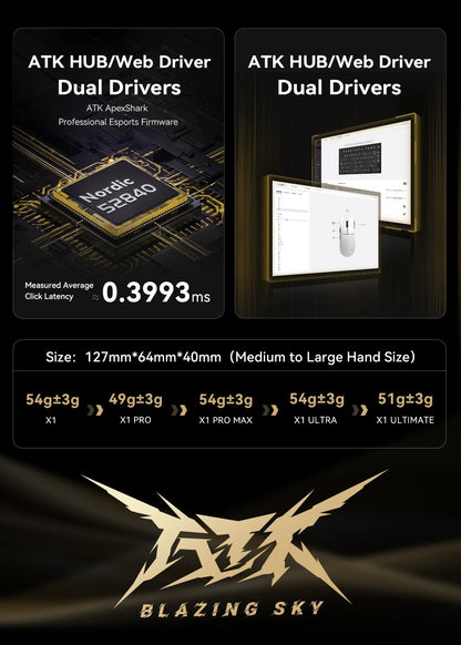 ATK X1 Series vezeték nélküli Bluetooth egér Paw3950/Ultra 8k, könnyű, 49g, hárommódú FPS gamer egér, egyedi ajándék