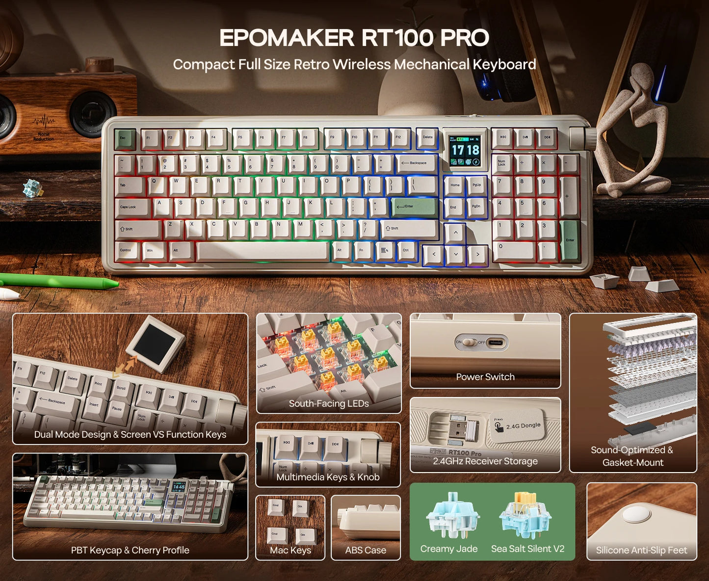 EPOMAKER RT100 PRO 100% ANSI US Layout Gasket Wired/Bluetooth/2.4Ghz Wireless Mechanical Keyboard 1.54” Screen & Volume Knob