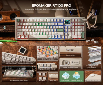 EPOMAKER RT100 PRO 100% ANSI US Layout Gasket Wired/Bluetooth/2.4Ghz Wireless Mechanical Keyboard 1.54” Screen & Volume Knob