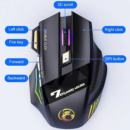 Ratón gaming inalámbrico USB IMICE GW-X7 3200DPI de doble modo, recargable, 7 teclas, 2.4Ghz, silencioso, Bluetooth, LED de respiración de 7 colores