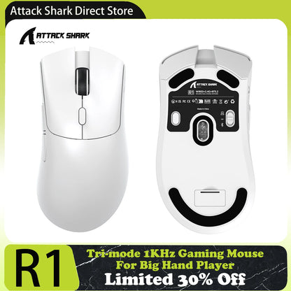 Rato Gaming Tri-Mode ATTACK SHARK R1, Sensor PixArt PAW3311, 18000 DPI, 1000hz, ultraleve 59g para mãos grandes, para PC/Mac