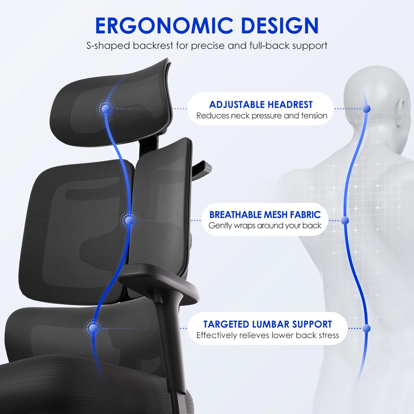 AUTHMIC Ergonomic Office Chair with 6D Adjustable Armrests, 3D Headrest, Lumbar Support, Reclining Mesh Desk Chair 200kg Capacity