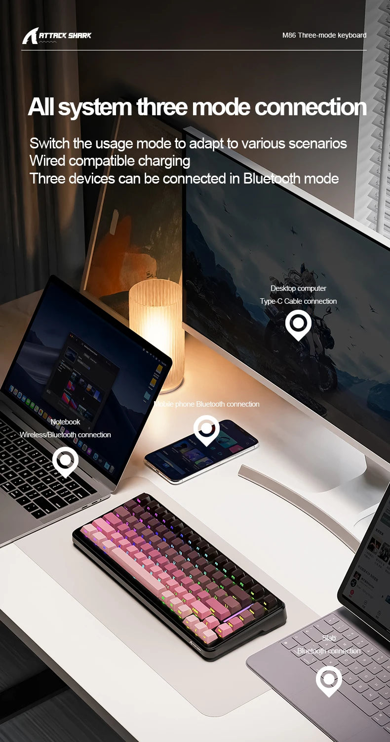 Attack Shark M86 Wireless Mechanical Keyboard 75% Compact RGB Backlit Hot-Swappable Side-Printed PBT Keycaps Tri-Mode 4000mAh