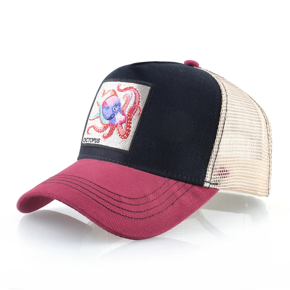 Casquette de baseball unisexe avec écusson pieuvre pour hommes et femmes – Casquettes trucker à fermeture à pression quatre saisons – Casquette de sport décontractée et respirante pour les activités de plein air