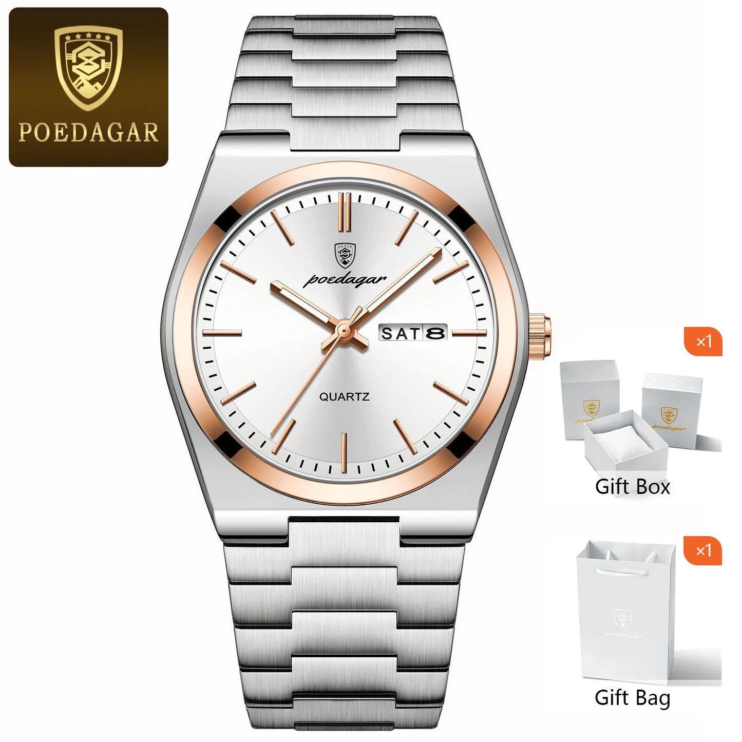 POEDAGAR Fashion Men Watch Waterproof Luminous Date Week Men's Watches Stainless Steel Functional Man Quartz Watch with Gift Box