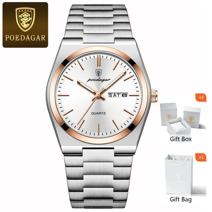 POEDAGAR Fashion Men Watch Waterproof Luminous Date Week Men's Watches Stainless Steel Functional Man Quartz Watch with Gift Box