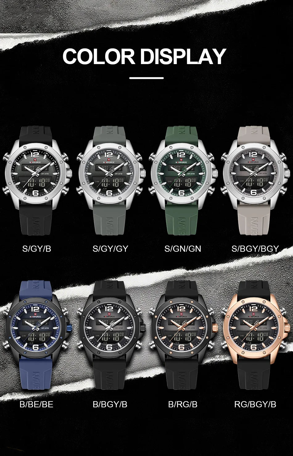 NAVIFORCE Men Quartz LCD Dual Display Watch With Silicone Strap 3ATM Waterproof Shockproof Night Light Round Case Sport Casual