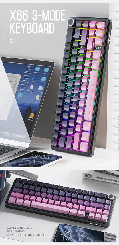 Attack Shark X66 Wireless Mechanical Keyboard 65% Compact Layout RGB Backlight Gasket Hot Swap Bluetooth USB-C PBT Large battery