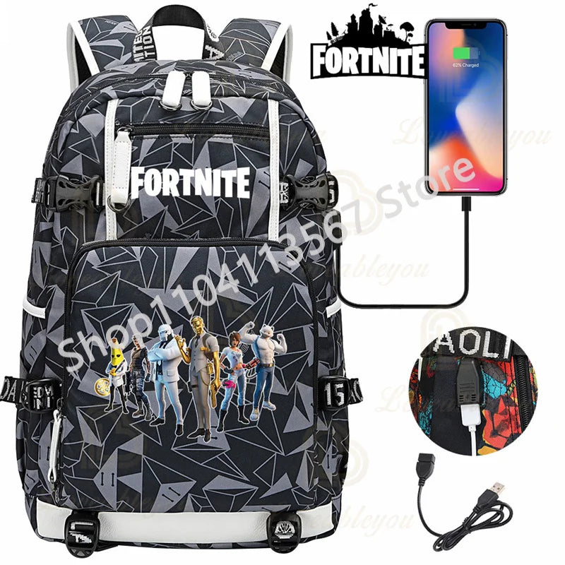 Ultima Knight F-Fortnited Battle Royale Backpack with USB Charging Anime Figures Study Stationery Compartment for Students