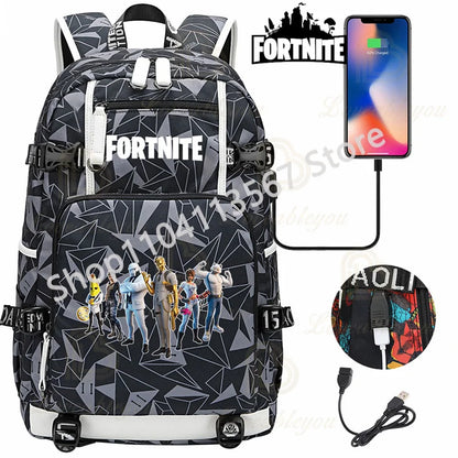 Ultima Knight F-Fortnited Battle Royale Backpack with USB Charging Anime Figures Study Stationery Compartment for Students