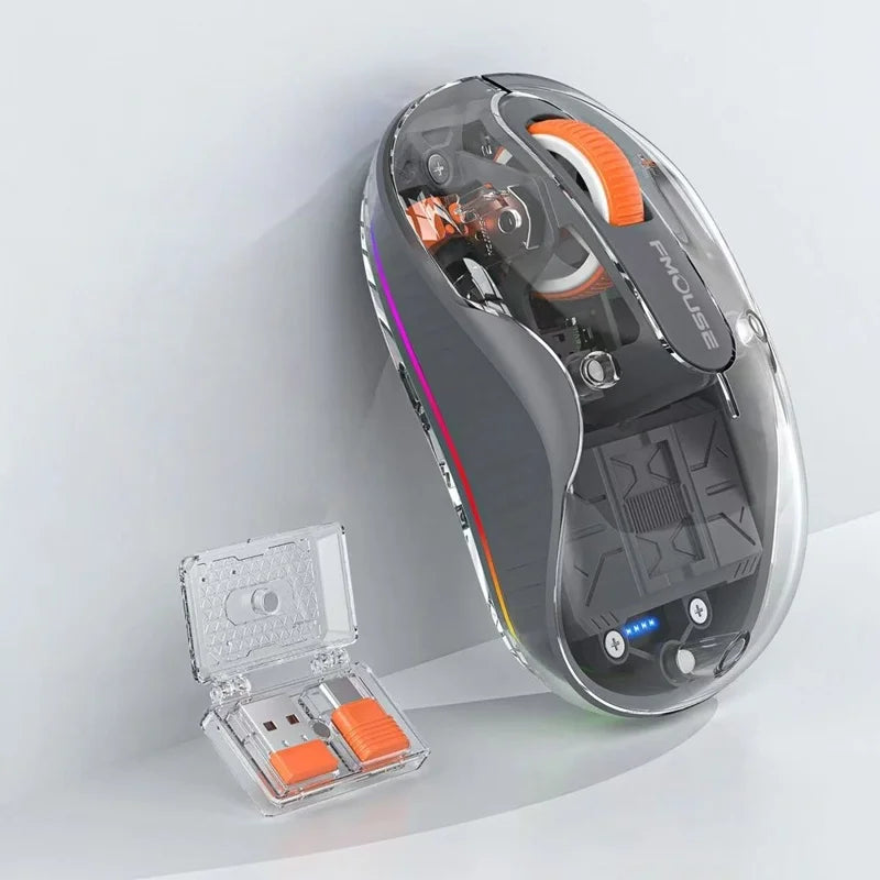 Lenovo Transparent Wireless Mouse Tri-Mode Bluetooth 5.0 & 2.4G Rechargeable RGB Mouse, Ergonomic Silent Wireless Mouse for Laptop, PC & Office