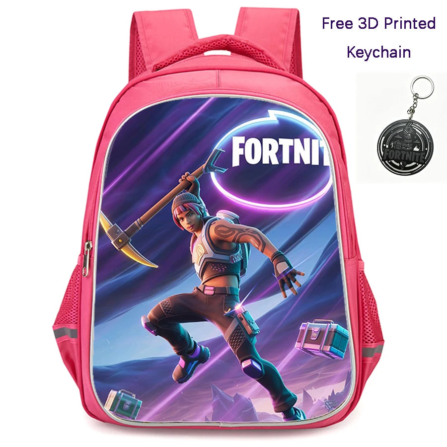 Mochila FORTNITE de 16 polegadas, resistente e leve, bolsos duplos com fecho, estilo cartoon para rapazes e raparigas dos 6 aos 10 anos, porta-chaves 3D impresso grátis