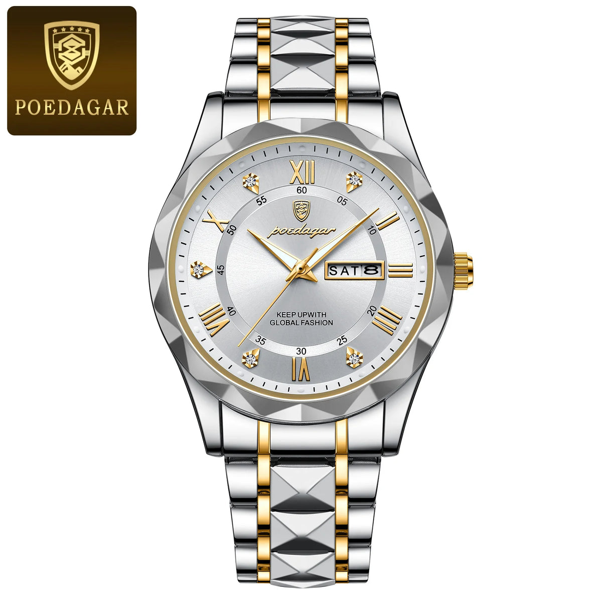 POEDAGAR Business Luxury Herrenuhr, wasserdicht, aus Edelstahl, beleuchtet, mit Datum und Wochentag, im Sport-Stil, mit Quarzwerk.