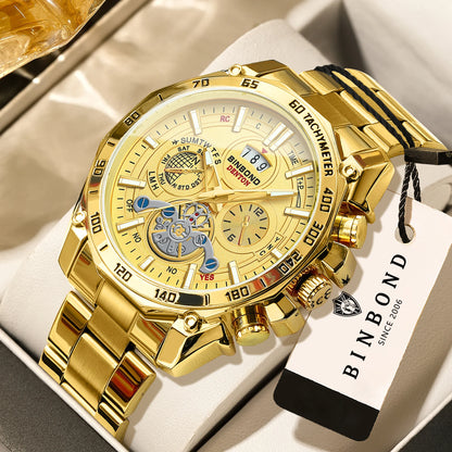 BINBOND luxury quartz watches for men: luminous, water-resistant, with automatic date display, accurate and durable, in a sporty and business style.