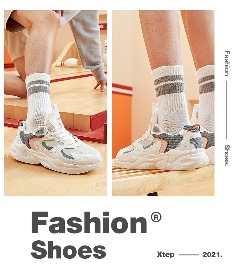 Xtep Casual Shoes For Men Breathable Thick Sole Heightened Lightweight Strong Wrapping Street Style Sports Shoes 977319320047