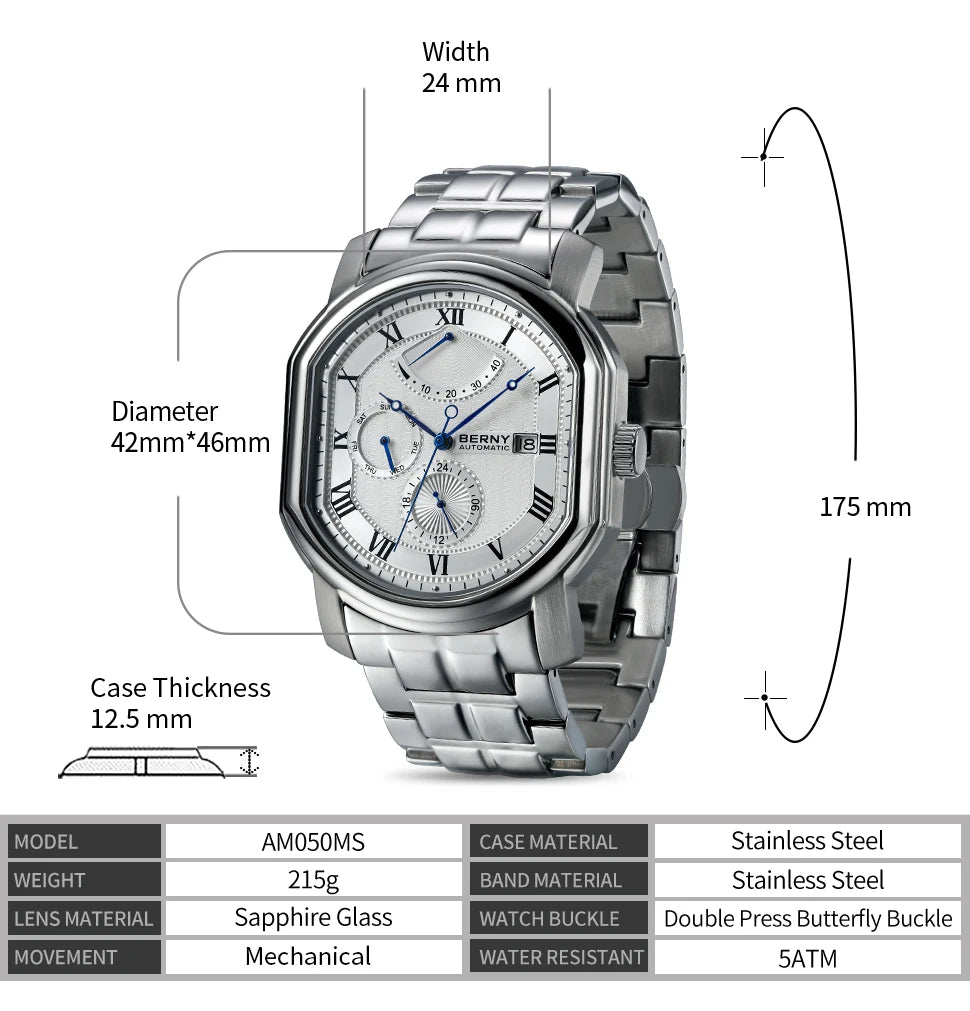 BERNY Men's Mechanical Watch, Top Accuracy, Automatic Wristwatch, Luxury Male Clock, Sapphire, Self-Winding, Waterproof
