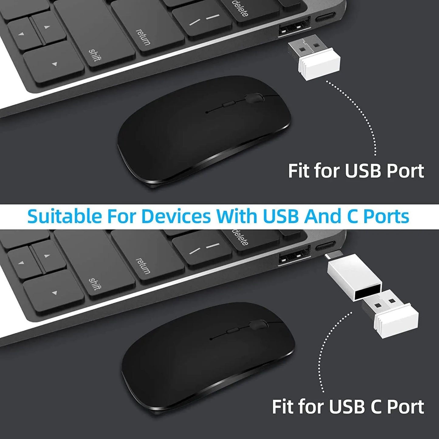Безжична презареждаема мишка с два режима, съвместима с Bluetooth, 2.4G USB компютърна мишка за лаптоп, iPad, таблет и Notebook, геймърска мишка
