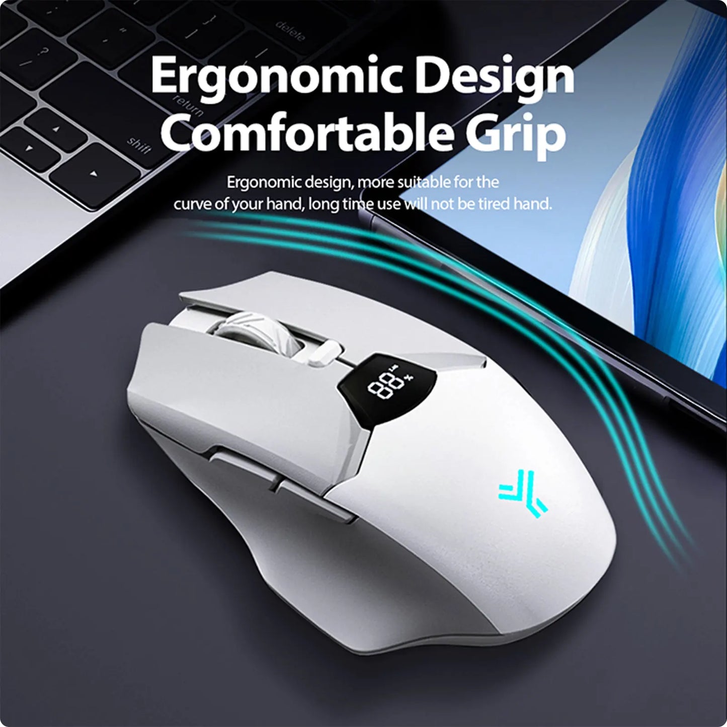 Rato Bluetooth Sem Fios com Indicador Digital de Bateria, Rato Ergonómico Silencioso para PC, Portátil e Gaming, 2.4G/Bluetooth 5.0