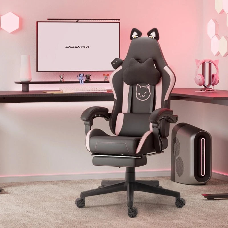 Cute Gaming Chair with Cat Ears, Pink Kawaii Ergonomic Gamer Chair with Footrest, Cat Paw Lumbar Support, High Back Computer Gaming Chair