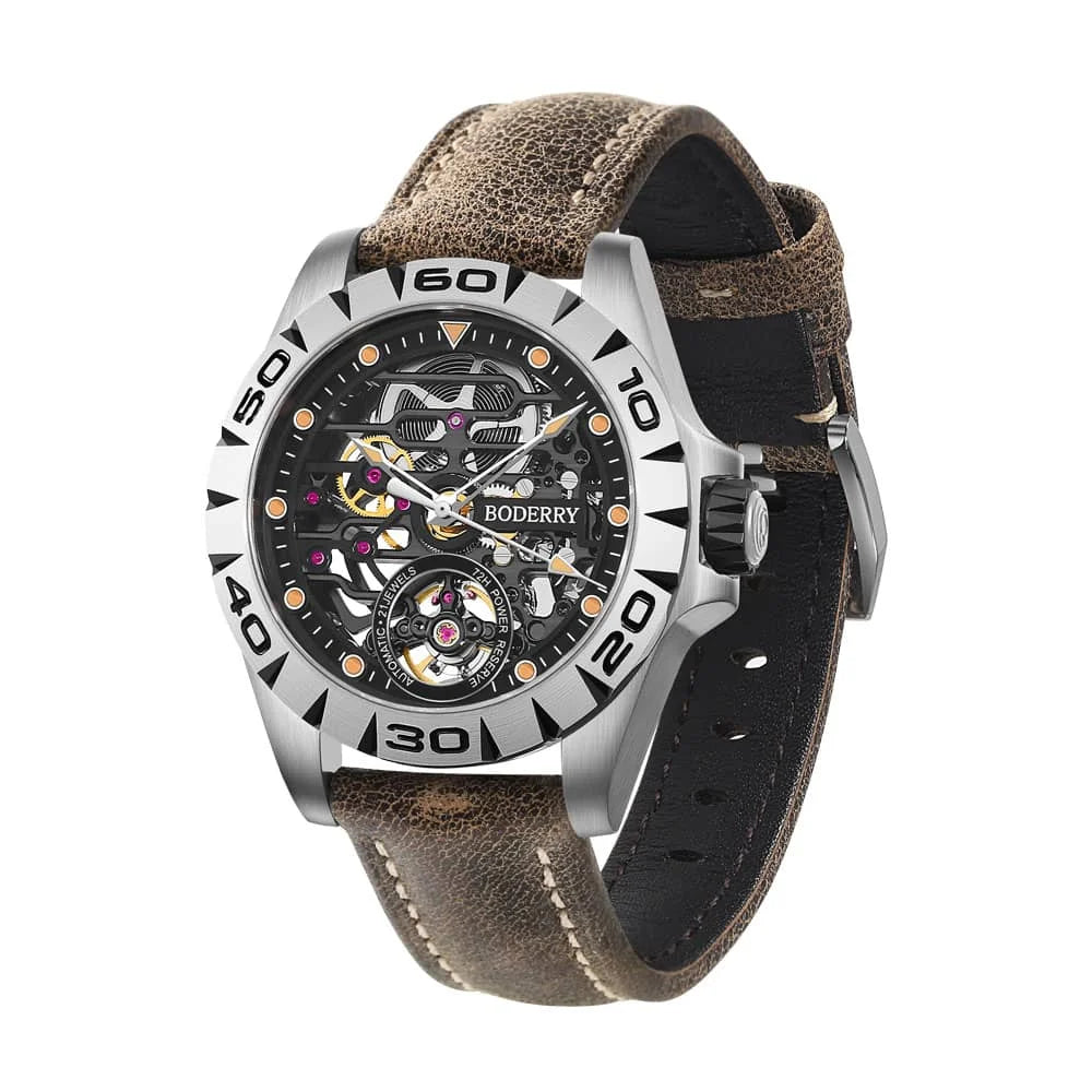 Boderry Urban Men's Titanium Watches Top Brand Fashion Skeleton Automatic Mechanical Waterproof Watch Hi-beat 72H Power-reserve