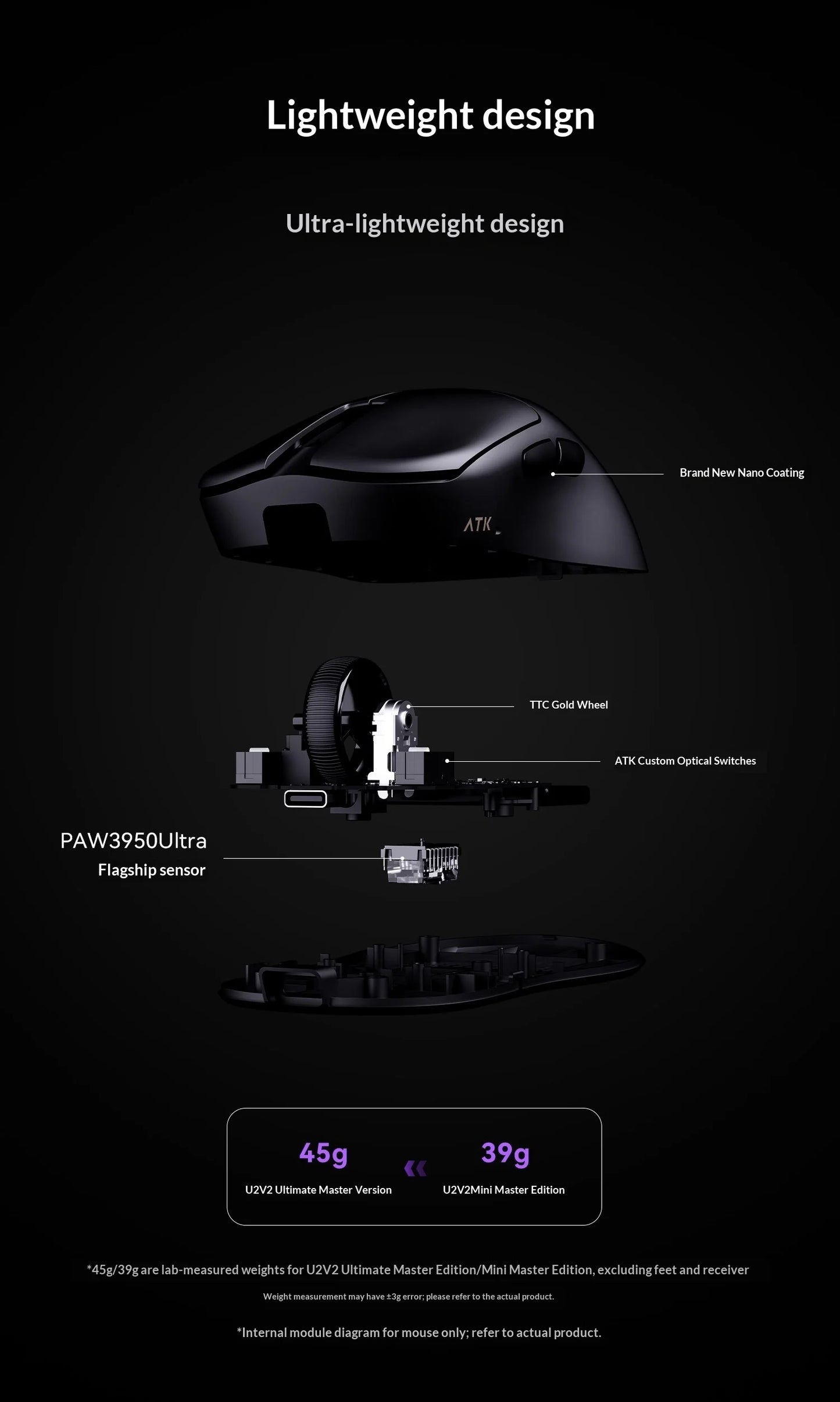 NEW ATK U2 V2 Mini Ultimate Wireless Gaming Mouse Tri-model Lightweight PAW3950Ultra 8KHz 500mAh Custom Ergonomic E-sports Mouse