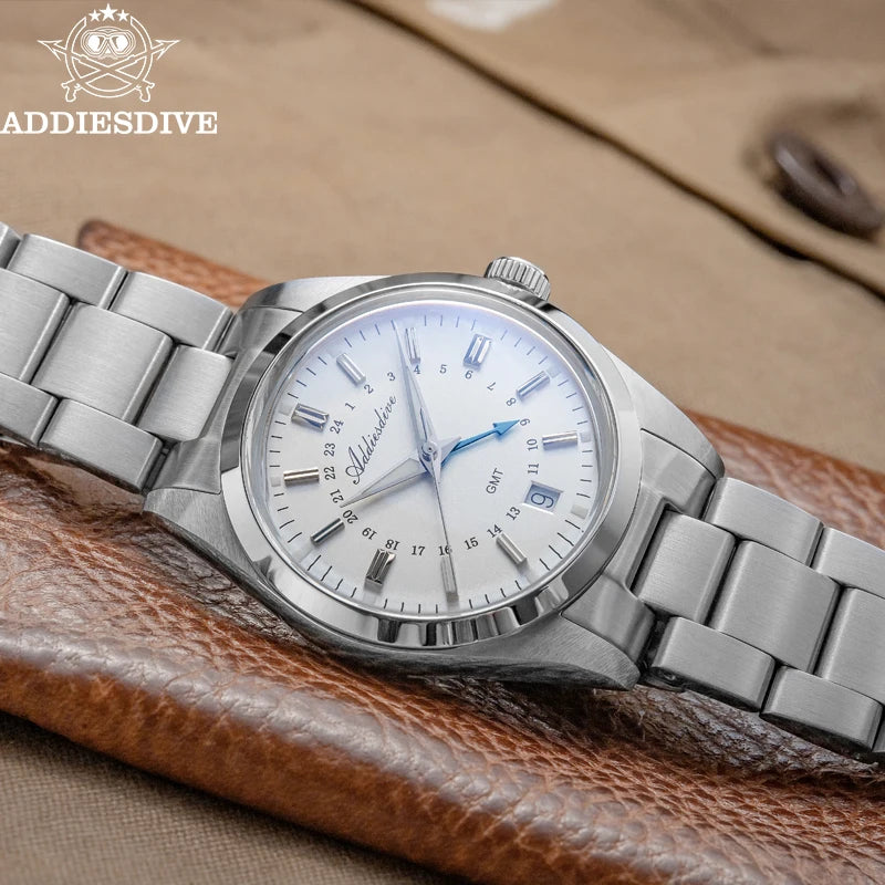 ADDIESDIVE 36mm Men's Analog Watch GMT 515-24H Watch BGW9 Luminous 100m Waterproof Stainless Steel Men's Quartz Watches AD2065