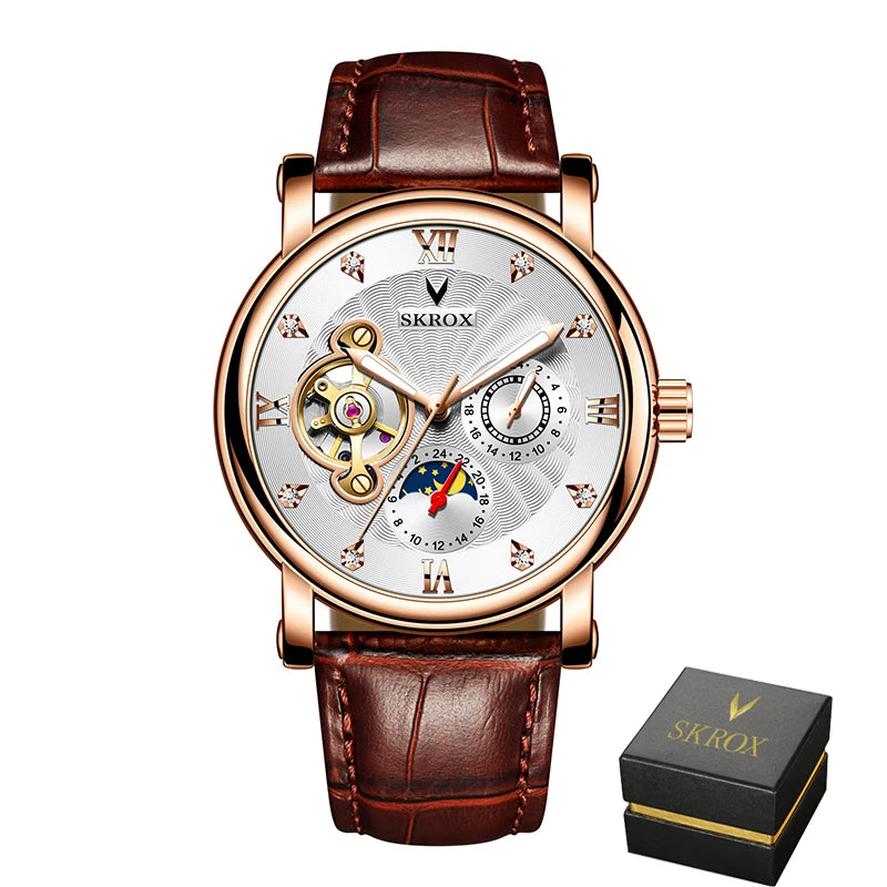 Luksuriøst mekanisk armbåndsur til mænd med automatisk urværk fra et førende mærke, udstyret med tourbillon, månefase og diamanter – et elegant armbåndsur.