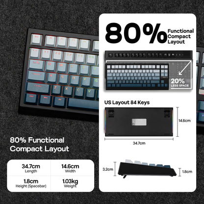 Teclado mecânico magnético EPOMAKER G84 HE 75% ANSI US Layout Gasket com fio/BT/2.4Ghz sem fios, efeito Hall, polling 8K e 8000mAh