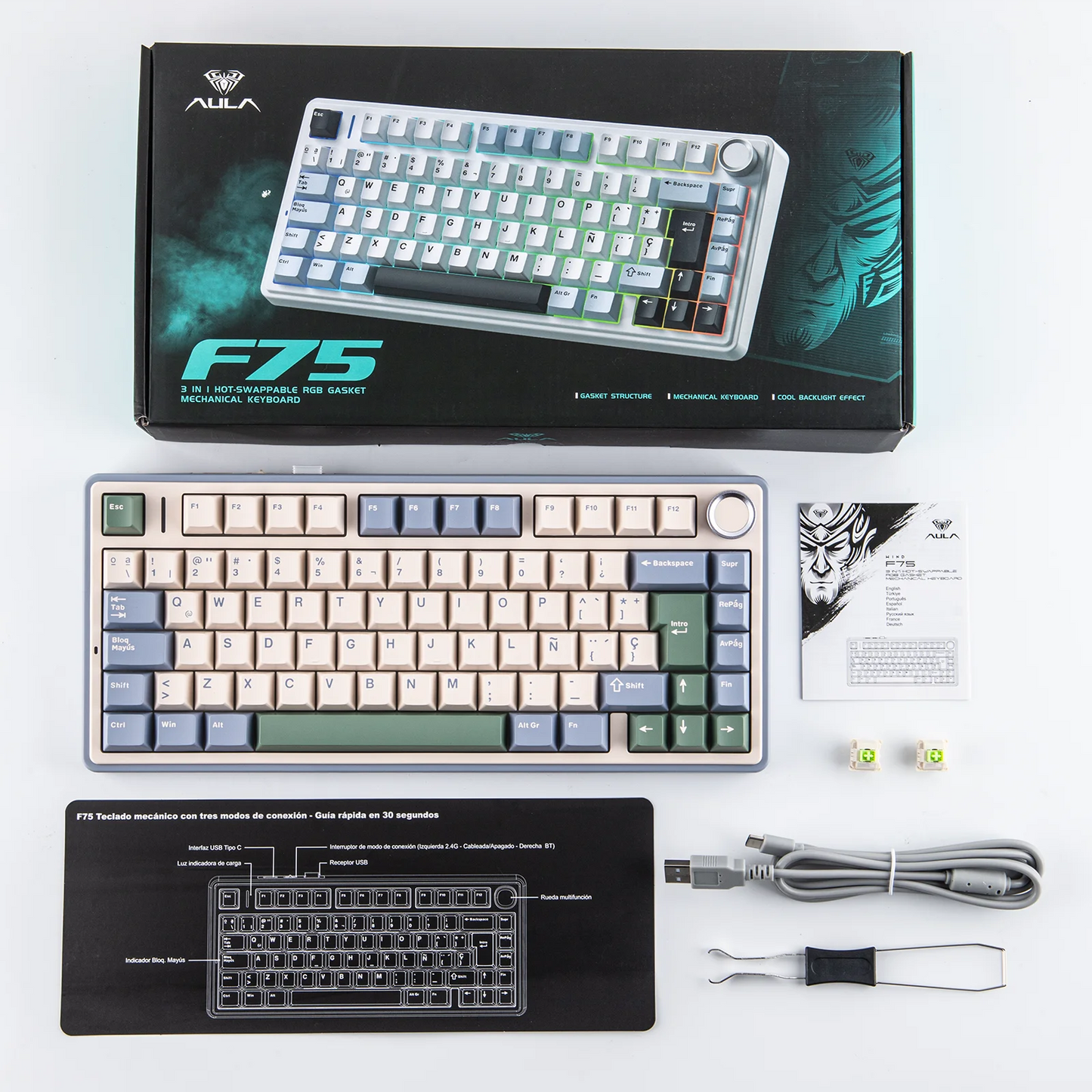 EPOMAKER AULA F75 ISO-ES 75% QWERTY español, teclado mecánico gaming inalámbrico con cable/Bluetooth/2.4GHz, hot-swap, montaje gasket y retroiluminación RGB