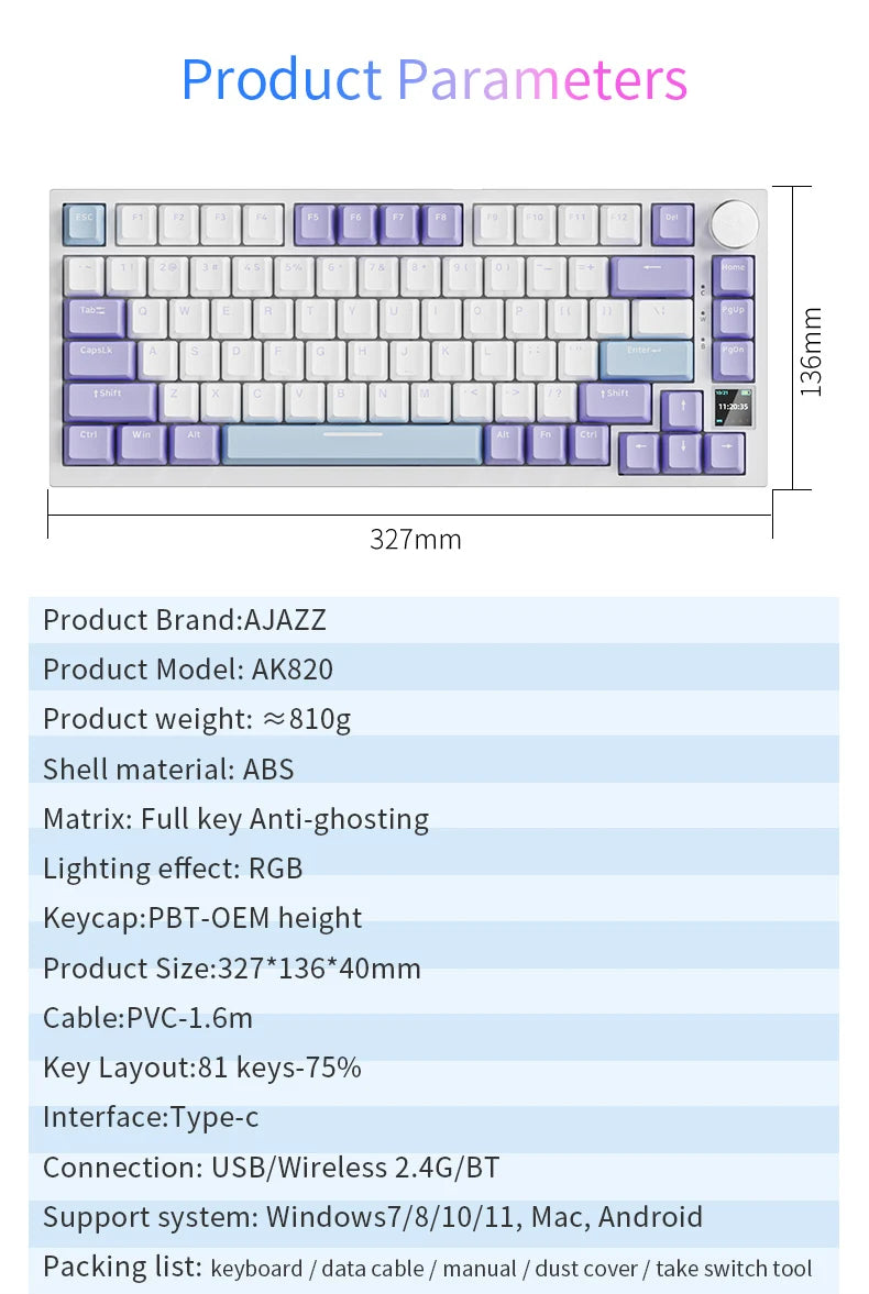 AJAZZ AK820 Mechanical Keyboard 70% Compact Layout/RGB Lighting/Hot-swappable Switches, with Wired, Wireless, and Bluetooth