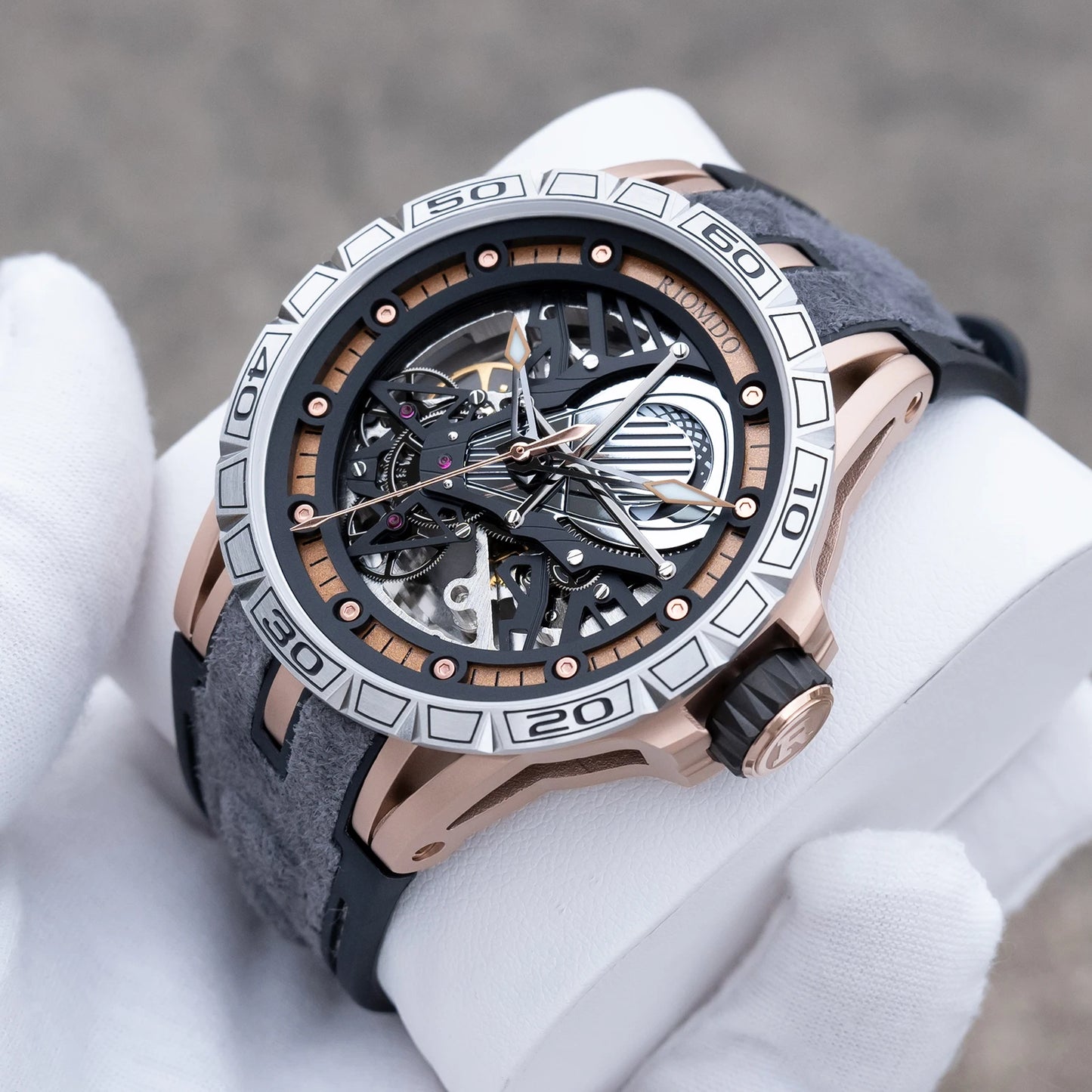OBLVLO Men's Two Tone Big Skeleton Dial Mechanical Automatic Watch Luminous Waterproof Rubber Band Machinery Clock RD-903