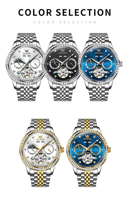 OLEVS 7016 Automatic Man Watch Stainless Steel Diamond Bezel Skeleton Flywheel Moon Phase Luminous Waterproof Mechanical Watches