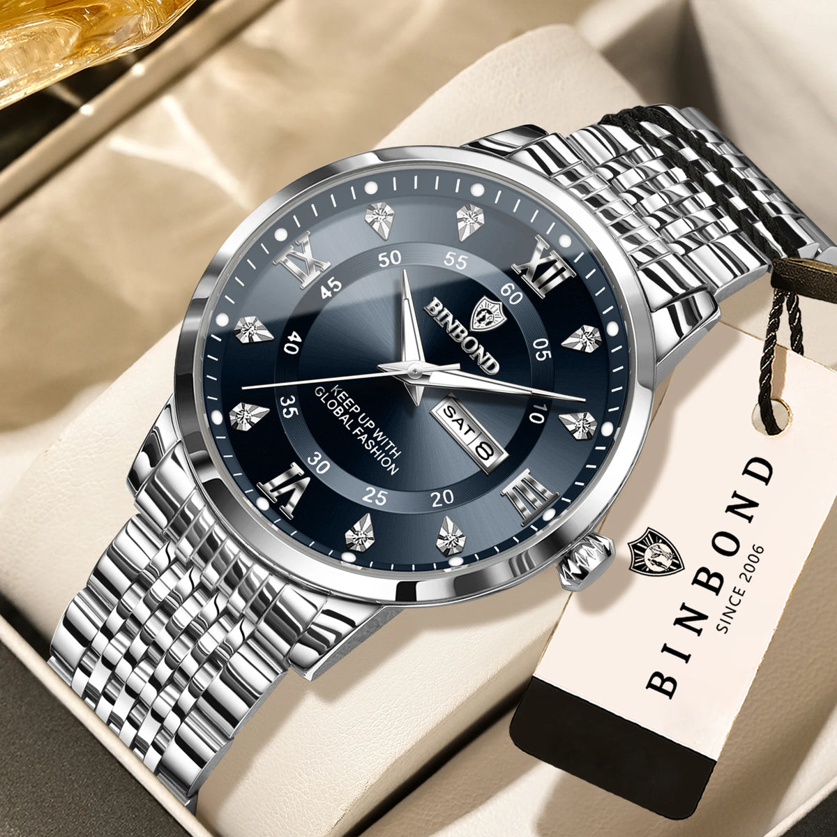 Orologio da polso al quarzo di lusso BINBOND da uomo – Impermeabile, luminescente, con indicazione del giorno della settimana – Stile business, sportivo, alla moda e casual