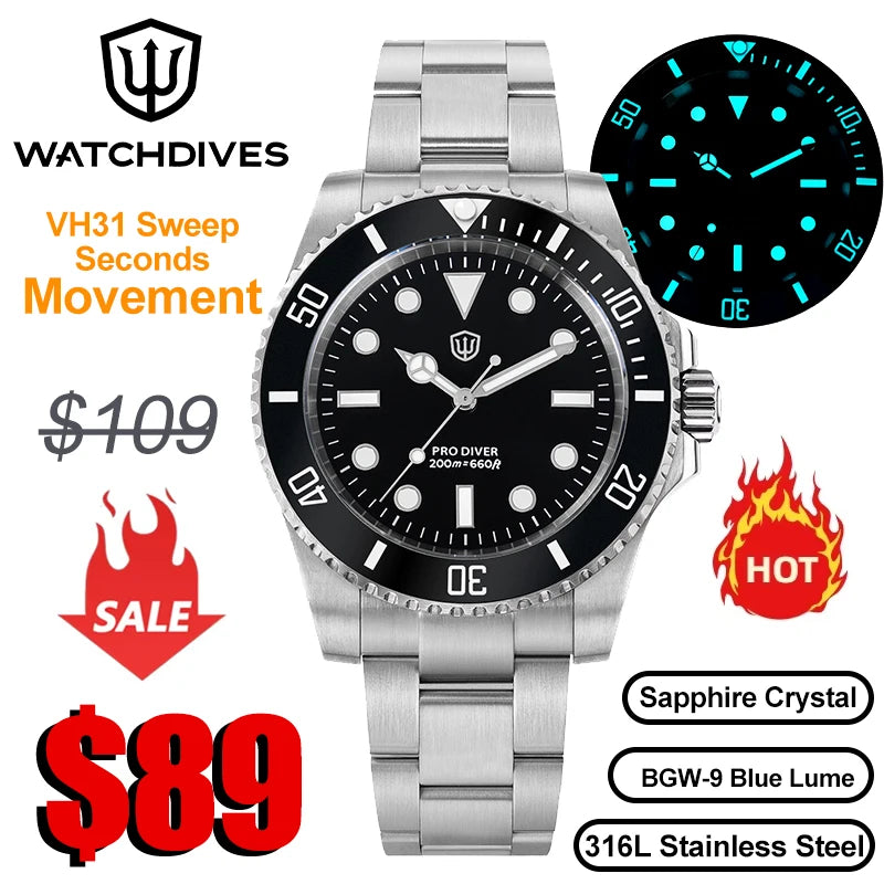 Watchdives WD1680Q V2 VH31 Sweep Quartz Movement Watch Luxury Top Brand Sapphire Stainless Steel 20Bar Waterproof Men Watches