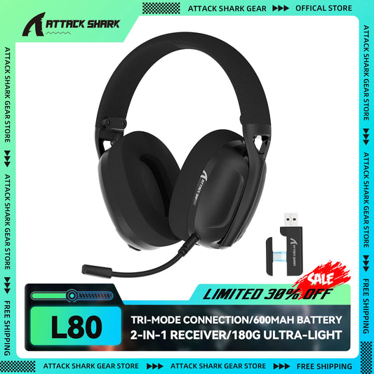 ATTACK SHARK L80 Ultra-Light 180g Gaming Headset – Tri-Mode Wireless (Bluetooth 5.3 / 2.4G / Wired), 5.1 Surround Sound, 40mm Drivers, Pluggable Mic