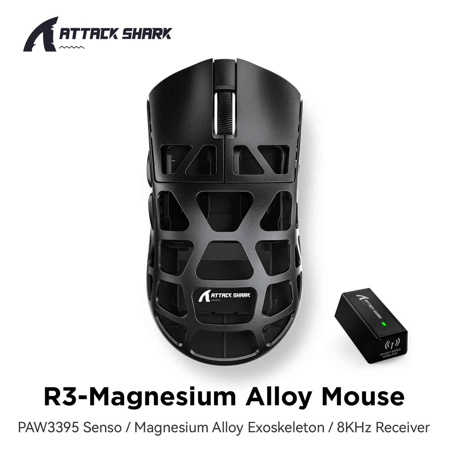 ATTACK SHARK R3 gamer egér magnéziumötvözet méhsejtmintás házzal, ultrakönnyű, 8K Hz, PAW3395 érzékelő, 26000 DPI, ergonomikus kialakítás