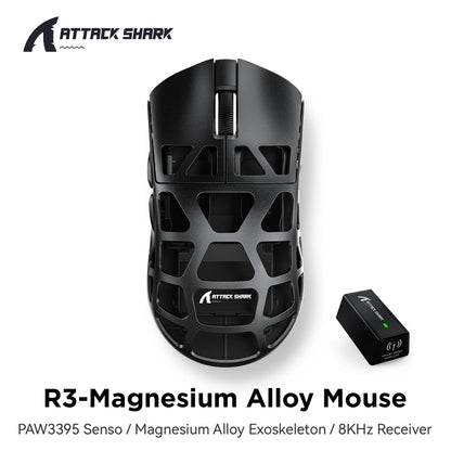 ATTACK SHARK R3 gamer egér magnéziumötvözet méhsejtmintás házzal, ultrakönnyű, 8K Hz, PAW3395 érzékelő, 26000 DPI, ergonomikus kialakítás