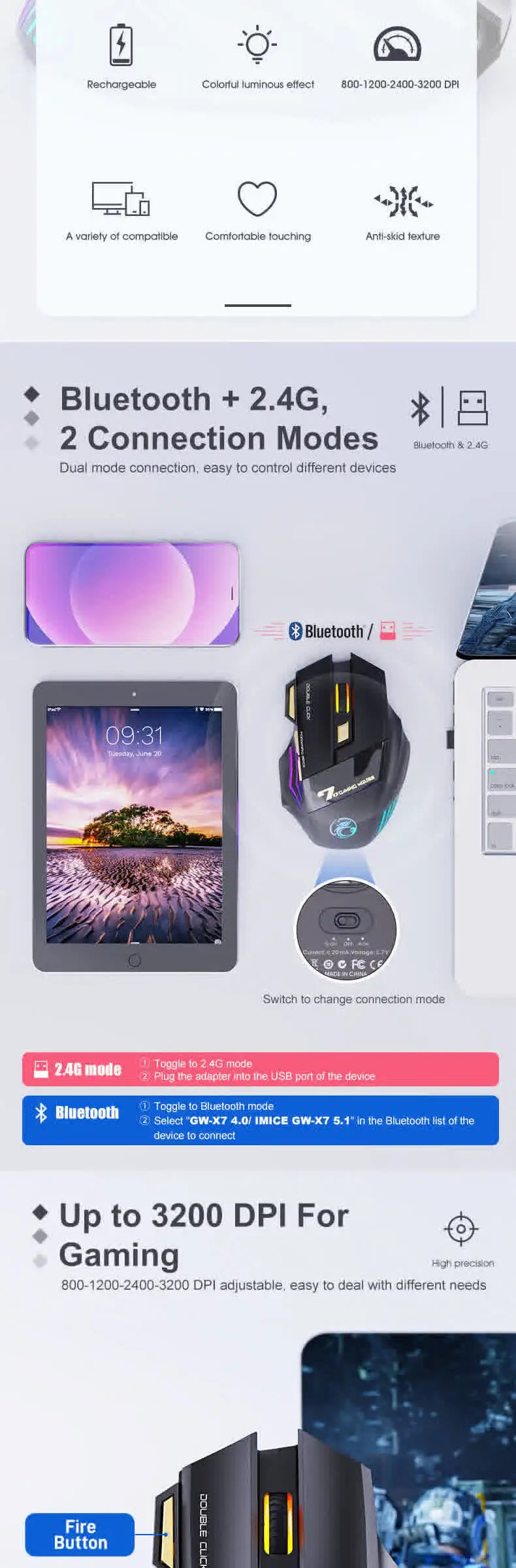 Vezeték nélküli Bluetooth egér, újratölthető számítógépes gamer egér, ergonomikus RGB háttérvilágítású, csendes egér PC-hez
