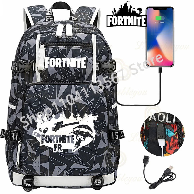 Yule Trooper F-Fortnited Battle Royale Rucksack mit USB-Ladeanschluss, Anime-Figuren, Lern- und Schreibwarenfach für Schüler