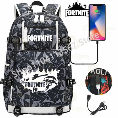 Yule Trooper F-Fortnited Battle Royale Rucksack mit USB-Ladeanschluss, Anime-Figuren, Lern- und Schreibwarenfach für Schüler