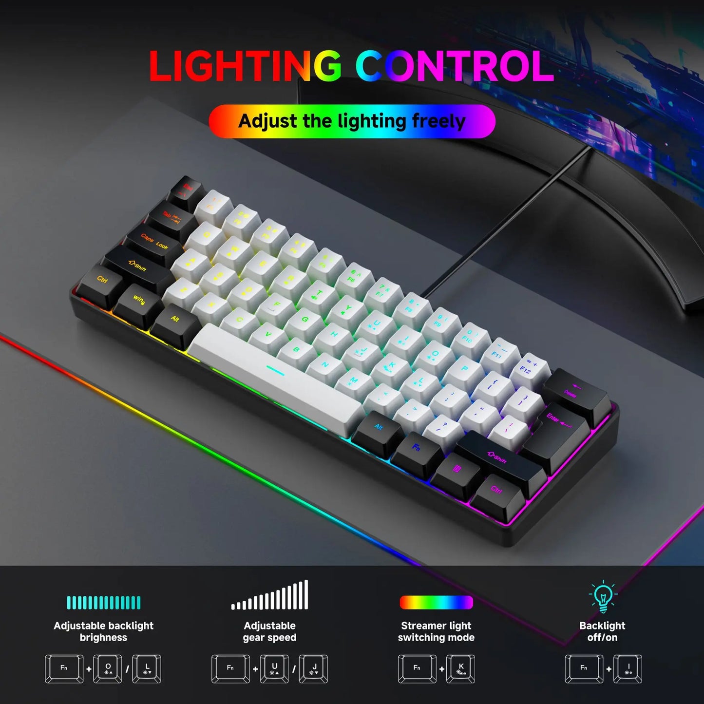 USB Wired RGB Gaming Keyboard 61 Keys White Black Compact Mini Office Keyboard and Mouse for PC Desktop Computer Gamer Keypad